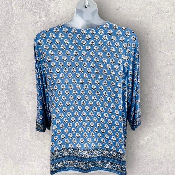 J Jill Boho Border Print Floral Blue Scoop Neck Top 3/4 Sleeve 4X - Picture 4 of 11